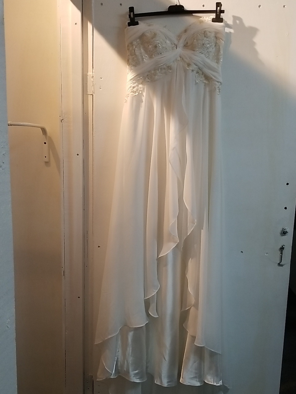 Mon Cheri Strapless Ivory/White Chiffon Layered Gown
